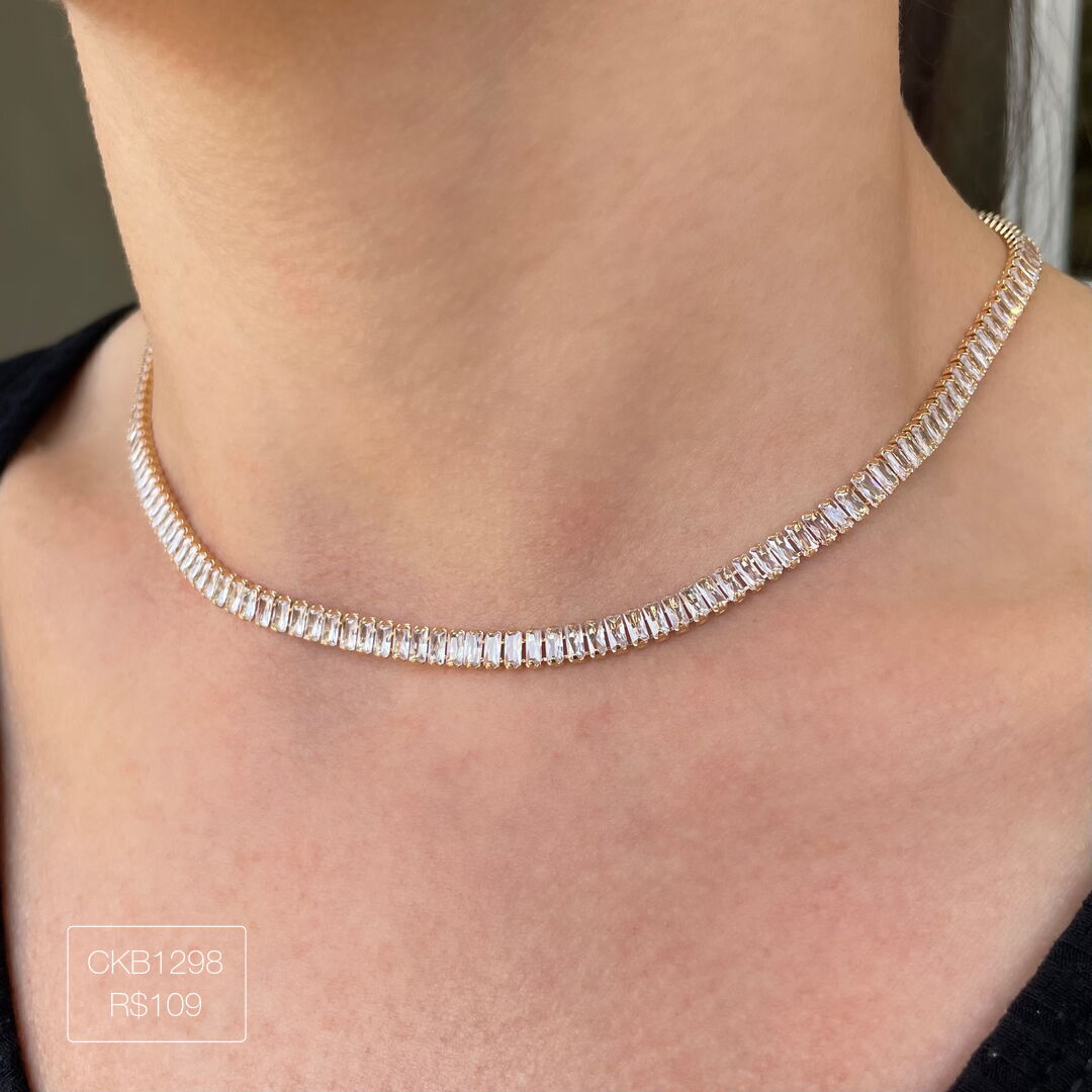 Choker Riviera Baguetes Cristal Dourada